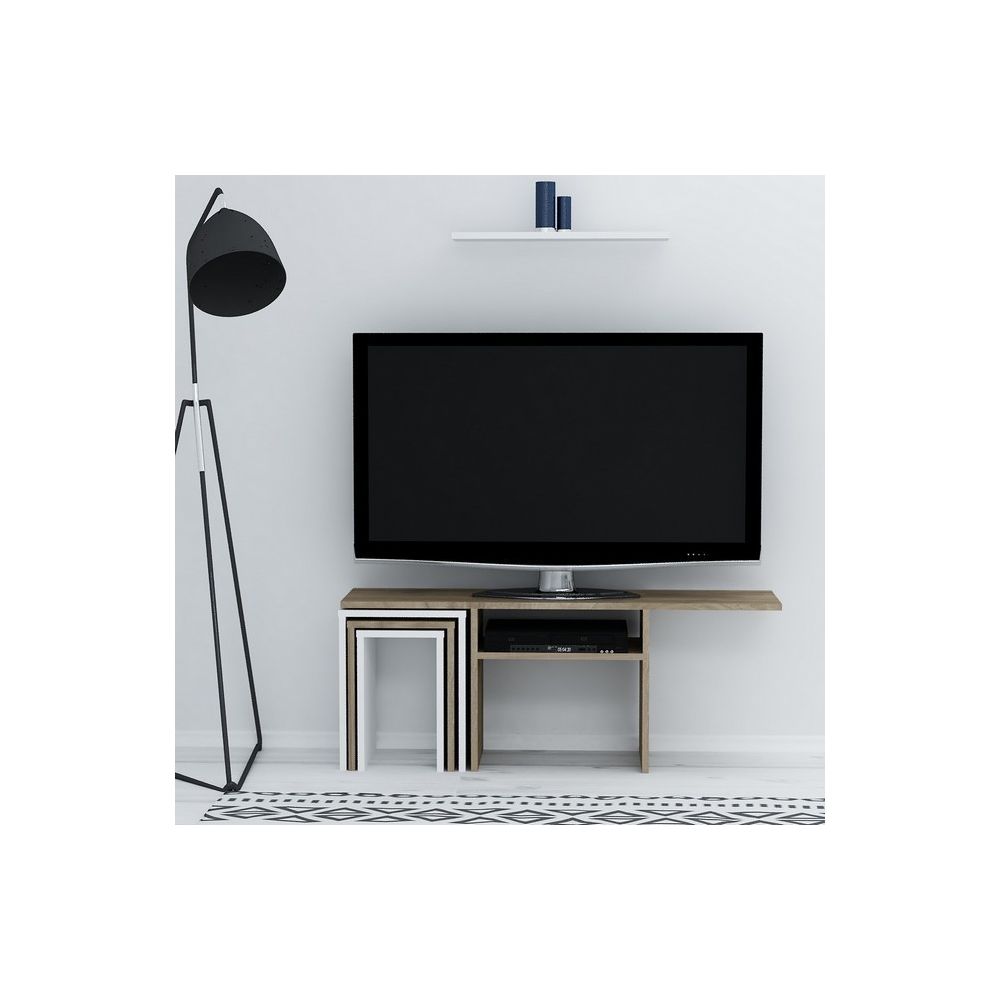 Homemania - HOMEMANIA Peri Meuble TV avec table basse, portes, étagères - pour le salon -Blanc, Noyer en Bois, 120,6 x 29,5 x 49 cm - Meubles TV, Hi-Fi