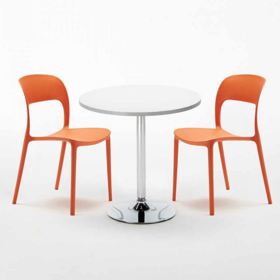 Ahd Amazing Home Design - Table Ronde Blanche 70x70cm Avec 2 Chaises Colorées Set Intérieur Bar Café Restaurant LONG Island, Couleur: Orange - Tables à manger