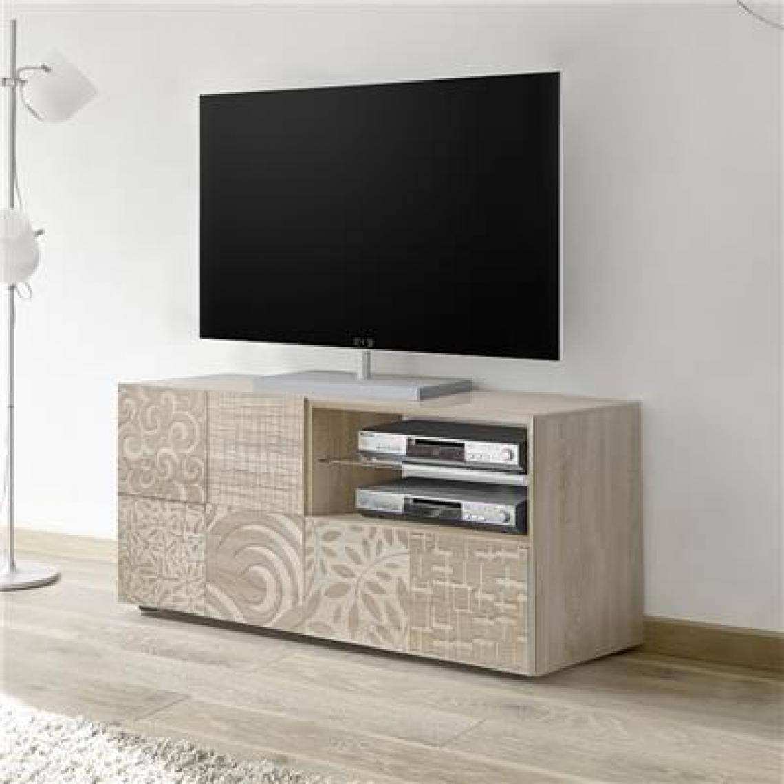 Nouvomeuble - Petit meuble TV 120 cm avec led contemporain chêne clair ELMA 3, avec éclairage - Meubles TV, Hi-Fi