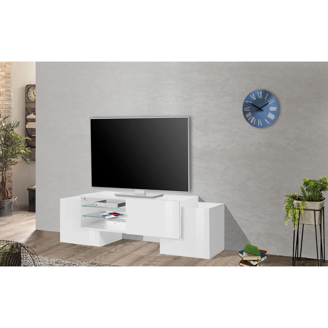Alter - Meuble TV de salon, Made in Italy, Meuble TV avec 3 portes et étagères, cm 150x45h45, couleur blanc brillant - Meubles TV, Hi-Fi