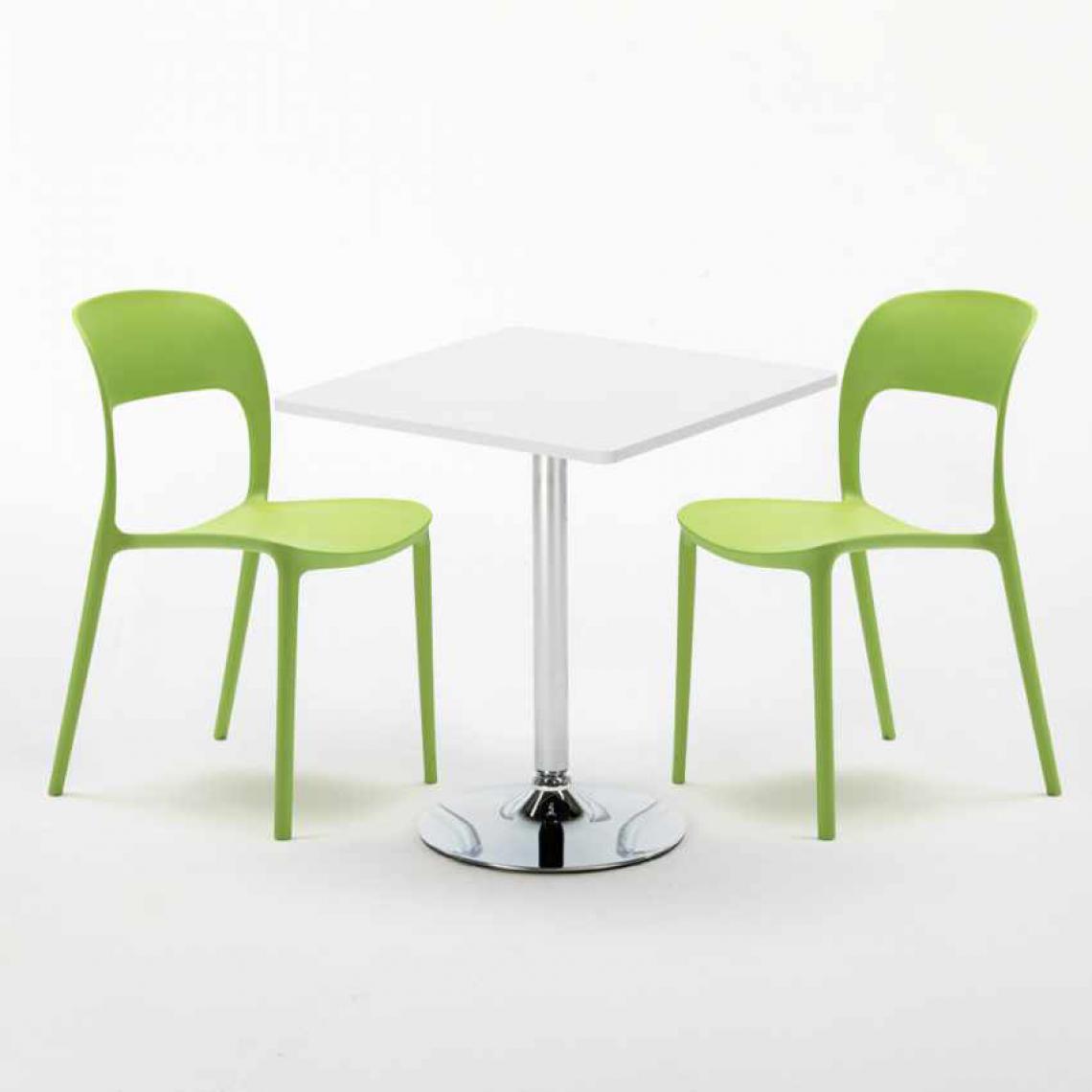 Ahd Amazing Home Design - Table Carrée Blanche 70x70cm Avec 2 Chaises Colorées Set Intérieur Bar Café Restaurant Cocktail, Couleur: Vert - Tables à manger