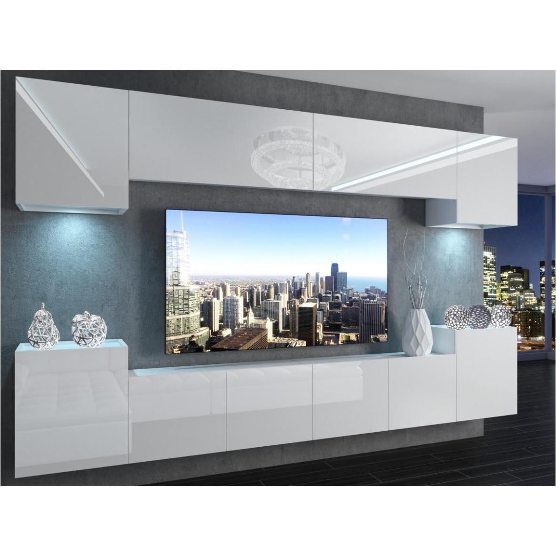 Hucoco - AREN - Ensemble meubles TV - Unité murale largeur 300 cm - Mur TV à suspendre finition gloss - Sans LED - Blanc - Meubles TV, Hi-Fi