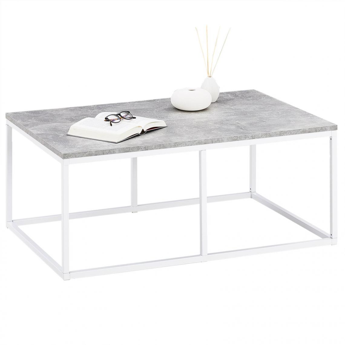 Idimex - Table basse VESTA, cadre en métal blanc et plateau en mélaminé décor béton - Tables basses