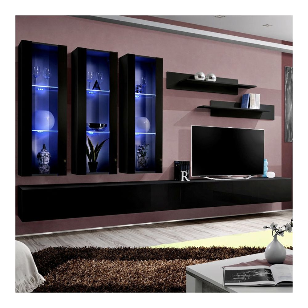 Nouvomeuble - Ensemble meuble TV noir design PIAZZA - Meubles TV, Hi-Fi