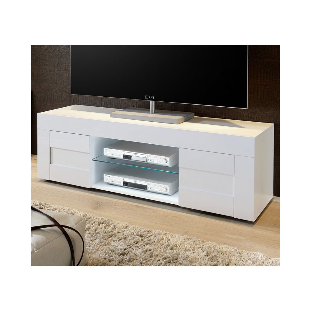 Tousmesmeubles - Meuble TV 2 portes 138 cm laqué Blanc brillant - TRANI - Meubles TV, Hi-Fi