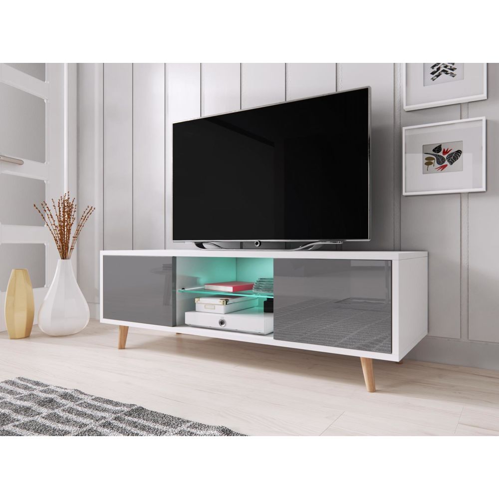 Vivaldi - VIVALDI Meuble TV - SWEDEN - 140 cm - blanc mat / gris brillant +LED - style scandinave - Meubles TV, Hi-Fi