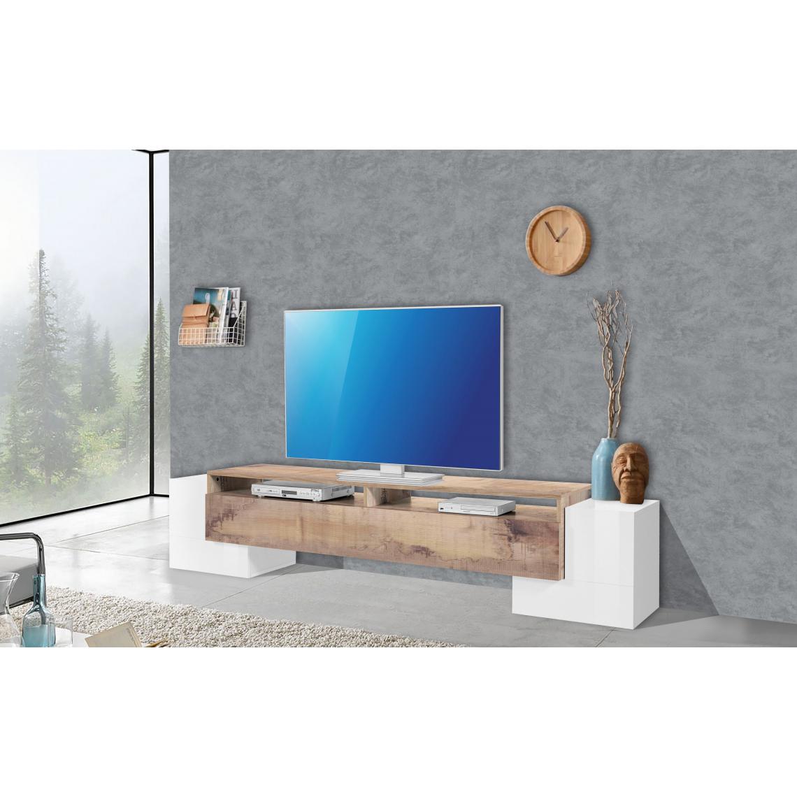 Alter - Meuble TV de salon, Made in Italy, Meuble TV avec 3 portes et étagères, 210x45h45 cm, Couleur blanc brillant et érable - Meubles TV, Hi-Fi