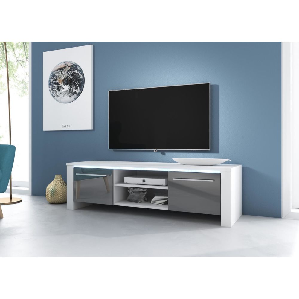Vivaldi - VIVALDI Meuble TV - MANHATTAN - 140 cm - blanc mat / gris brillant +LED - style moderne - Meubles TV, Hi-Fi