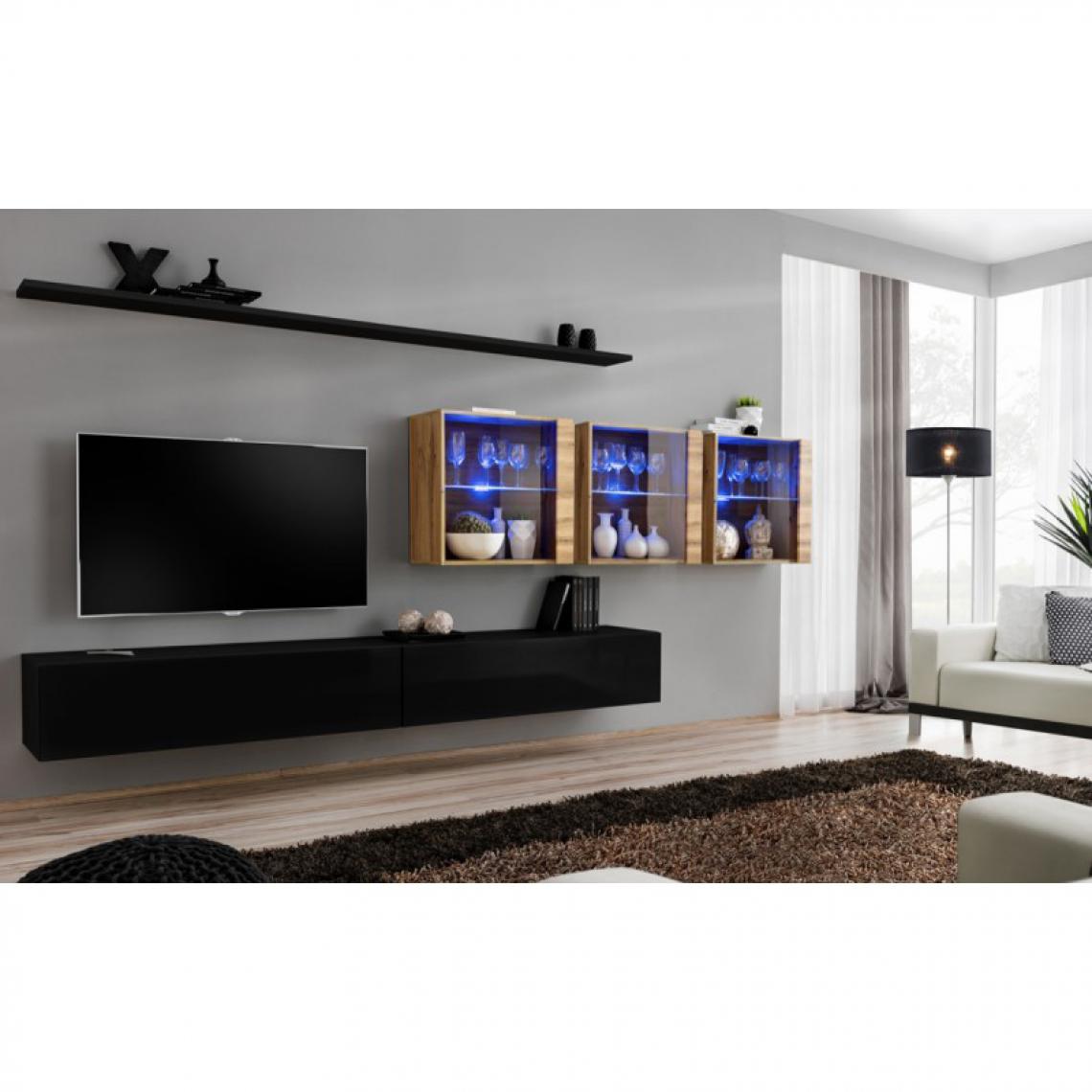 Ac-Deco - Meuble TV Mural Design Switch XVII 340cm Noir & Naturel - Meubles TV, Hi-Fi