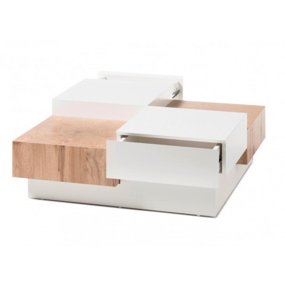 Pegane - Table basse desgin avec rangements en bois coloris chêne/blanc - L.90 x H.33 x P.90 cm - Tables basses