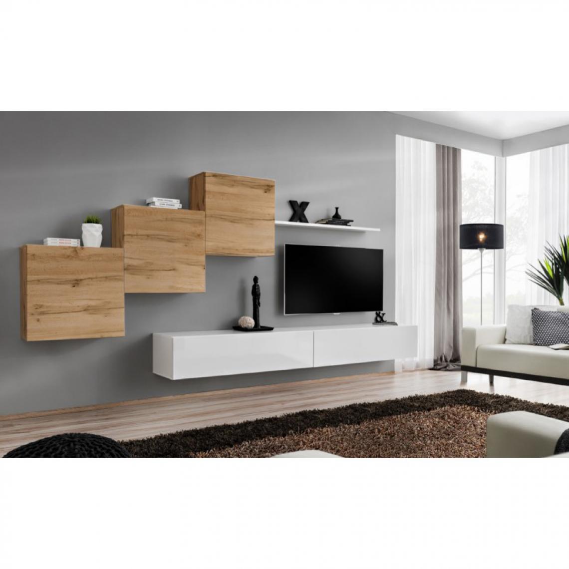 Ac-Deco - Meuble TV Mural Design Switch X 330cm Naturel & Blanc - Meubles TV, Hi-Fi