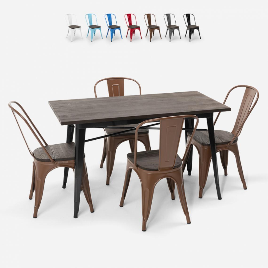 Ahd Amazing Home Design - Set de table rectangulaire 120 x 60 avec 4 chaises en acier de style industriel Tolix et bois Ralph, Couleur: Marron - Tables à manger