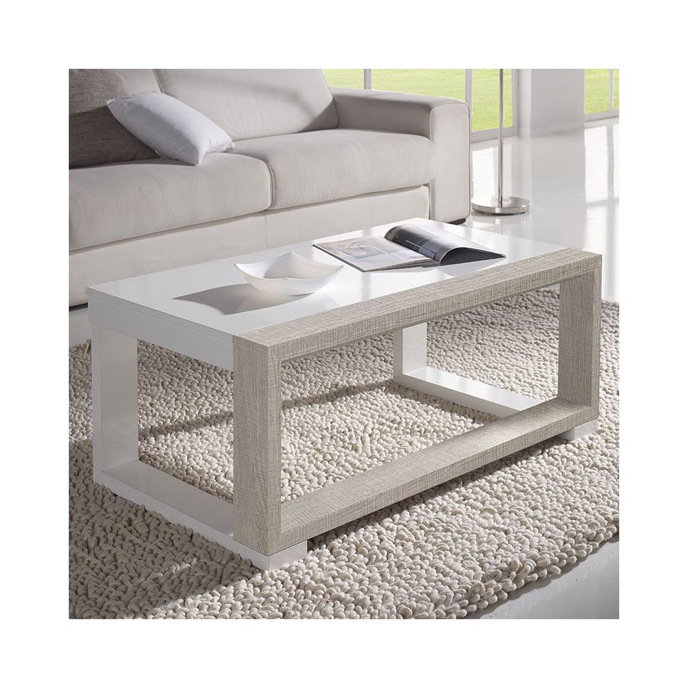 Nouvomeuble - Table de salon relevable blanche et couleur bois clair CORREZE 2 - Tables basses