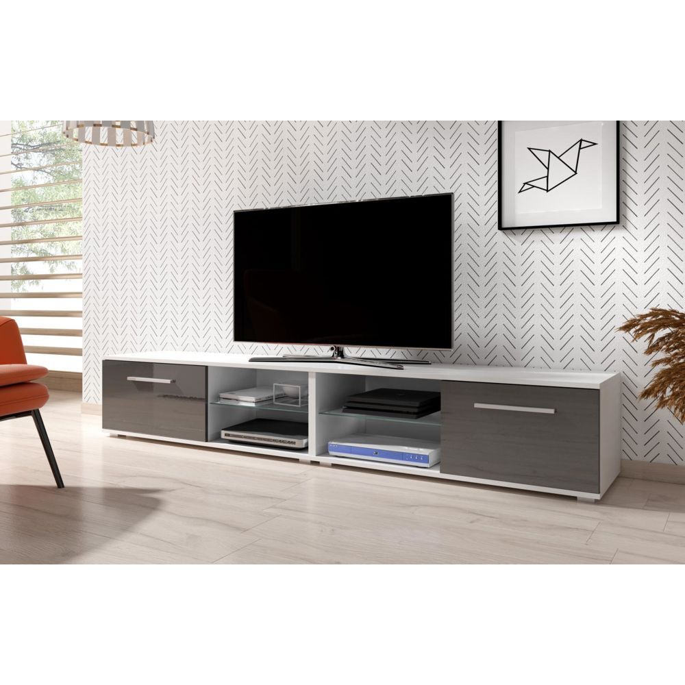 Vivaldi - VIVALDI Meuble TV - MOON 2 DOUBLE - 200 cm - blanc mat / gris brillant - style moderne - Meubles TV, Hi-Fi