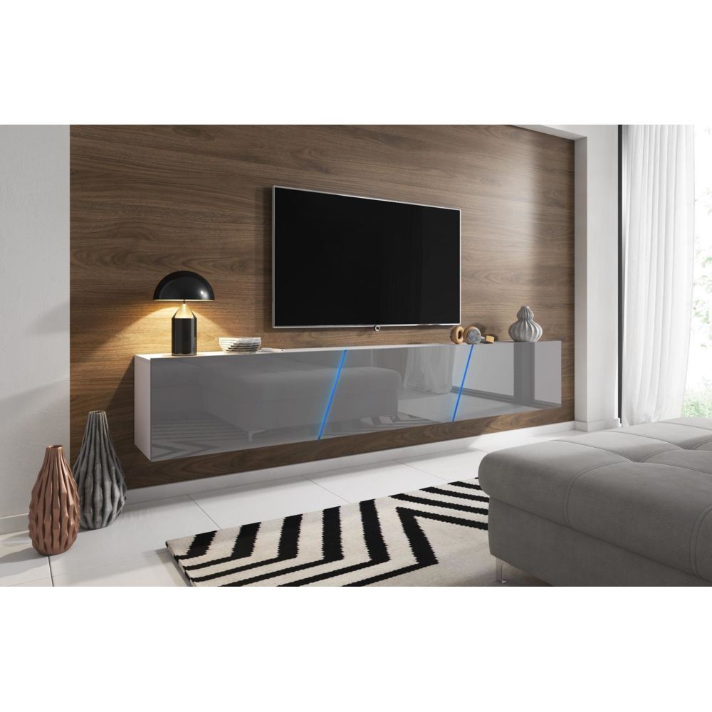 Vivaldi - VIVALDI Meuble TV - SLANT 2 - 240 cm - blanc mat / gris brillant +LED - style moderne - Meubles TV, Hi-Fi