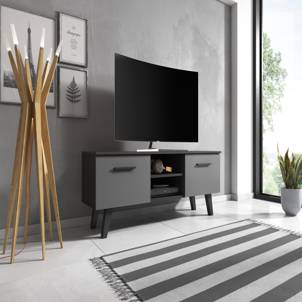 3xeliving - Armoire de style scandinave Fiodo noir / graphite 155cm - Meubles TV, Hi-Fi
