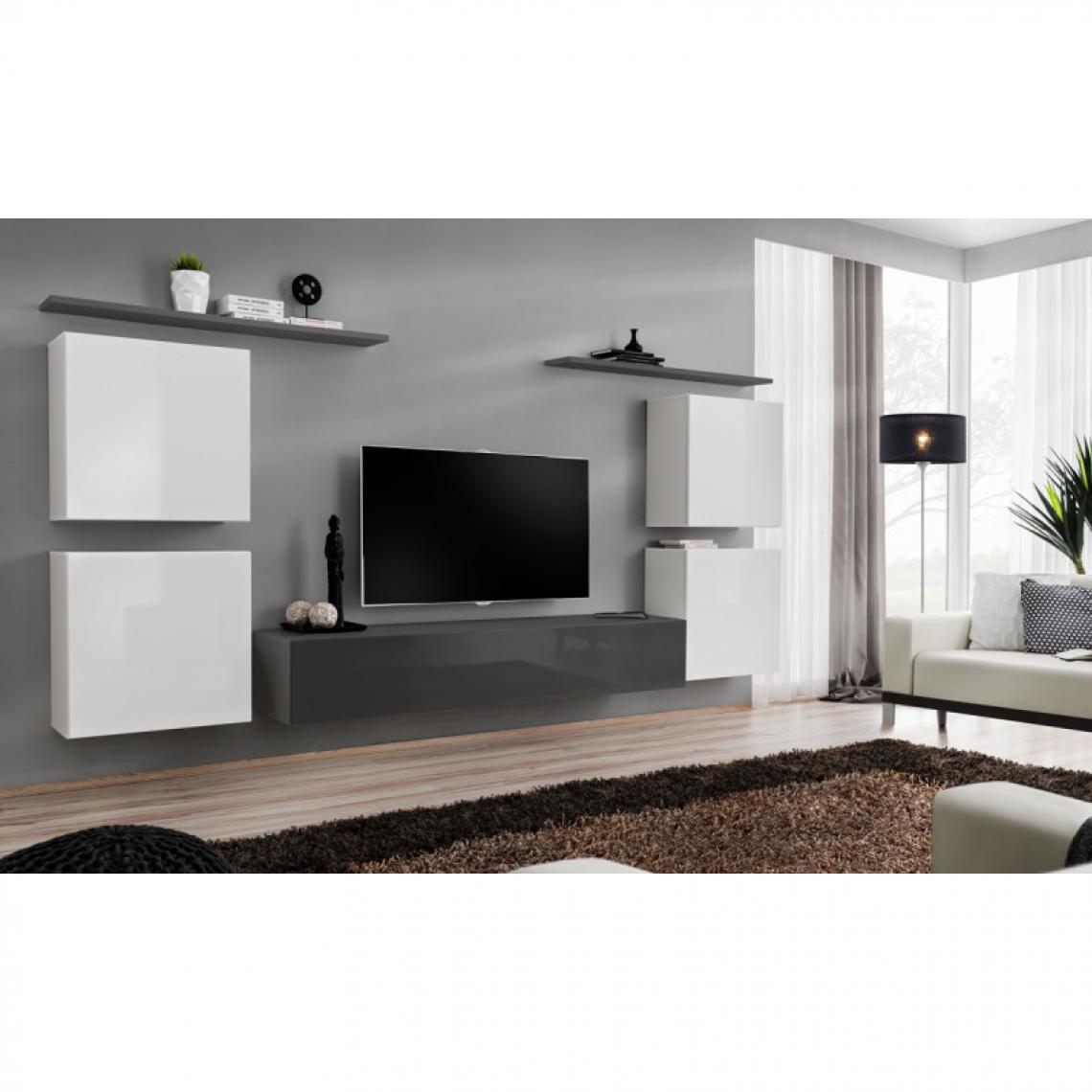 Ac-Deco - Meuble TV Mural Design Switch IV 320cm Blanc & Gris - Meubles TV, Hi-Fi