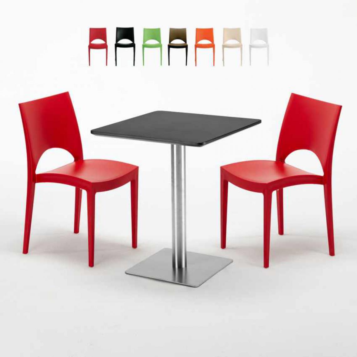 Grand Soleil - Table carrée 60x60 pied acier et plateau noir avec 2 chaises colorées Paris Pistachio, Couleur: Rouge - Tables à manger