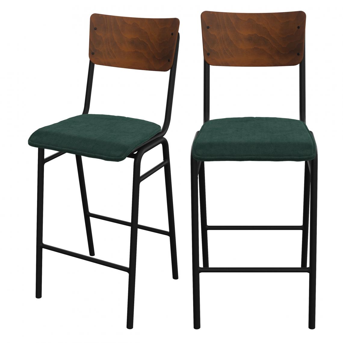 Rendez Vous Deco - Chaise de bar Nico en velours vert 75 cm (lot de 2) - Tabourets