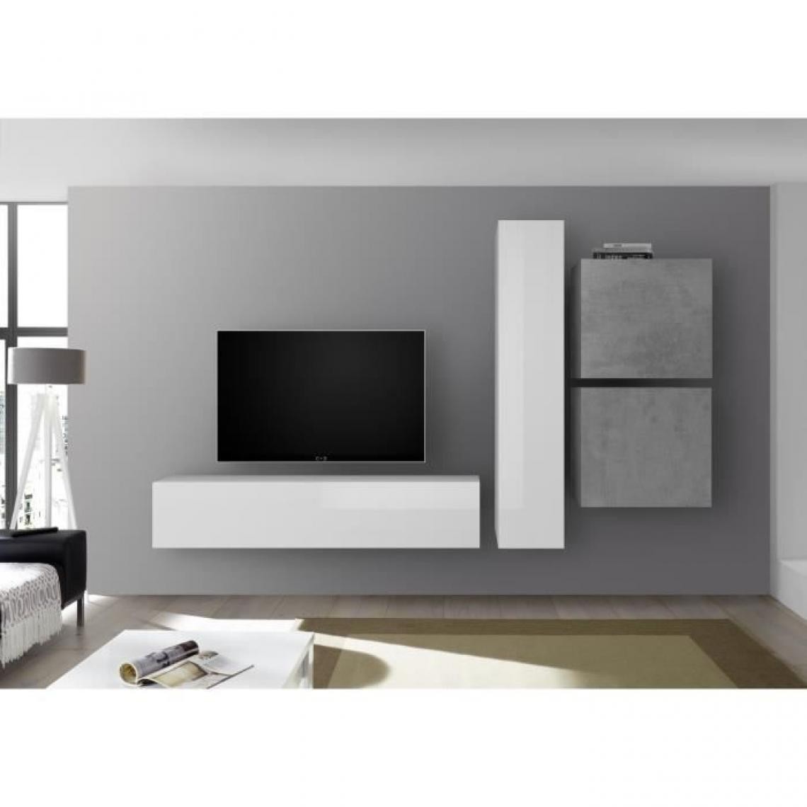 Cstore - Meuble TV Mural - Ciment et Blanc Laqué - L 260 x P 30 x H 180 cm - CESENA - Meubles TV, Hi-Fi