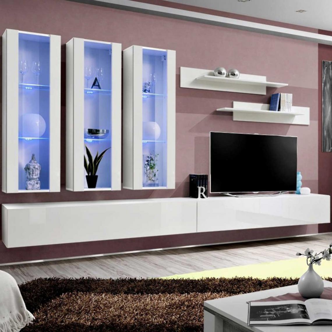 Ac-Deco - Meuble TV Mural Design Fly III 320cm Blanc - Meubles TV, Hi-Fi