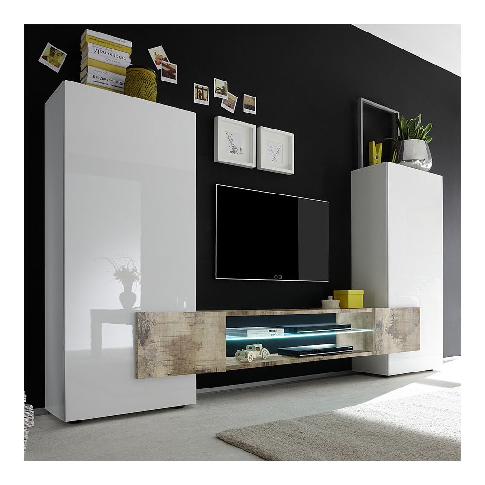 Kasalinea - Ensemble meubles TV blanc laqué brillant et couleur bois EROS 2 avec éclairage - Meubles TV, Hi-Fi