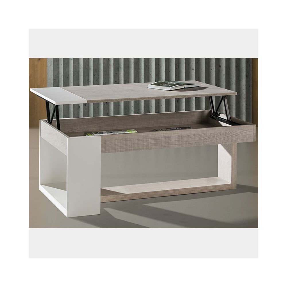 Nouvomeuble - Table salon relevable couleur bois clair et blanc CANNES - Tables basses