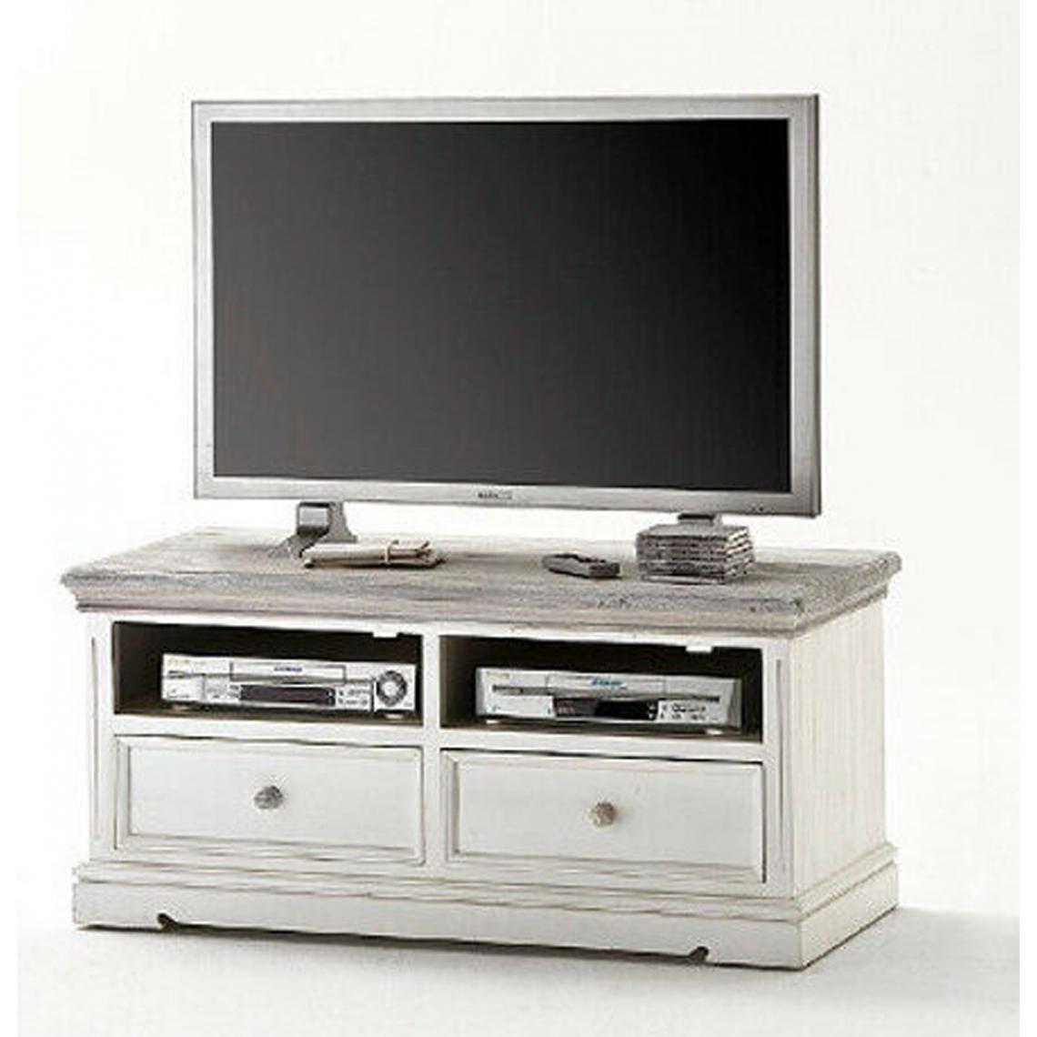 Pegane - Meuble TV en pin coloris blanc - L.121 x H.56 x P.54 cm - Meubles TV, Hi-Fi