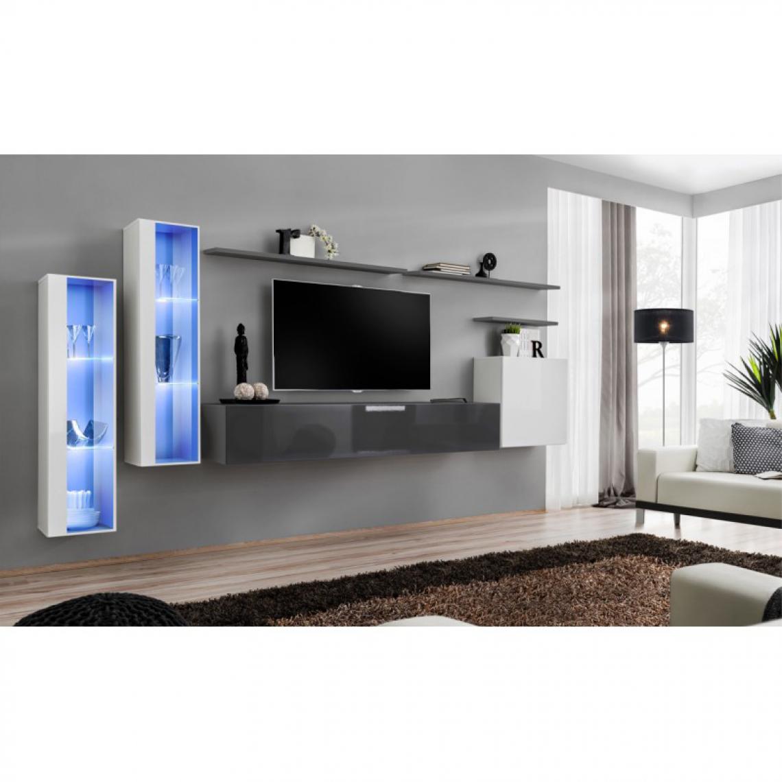 Ac-Deco - Meuble TV Mural Design Switch XI 330cm Blanc & Gris - Meubles TV, Hi-Fi