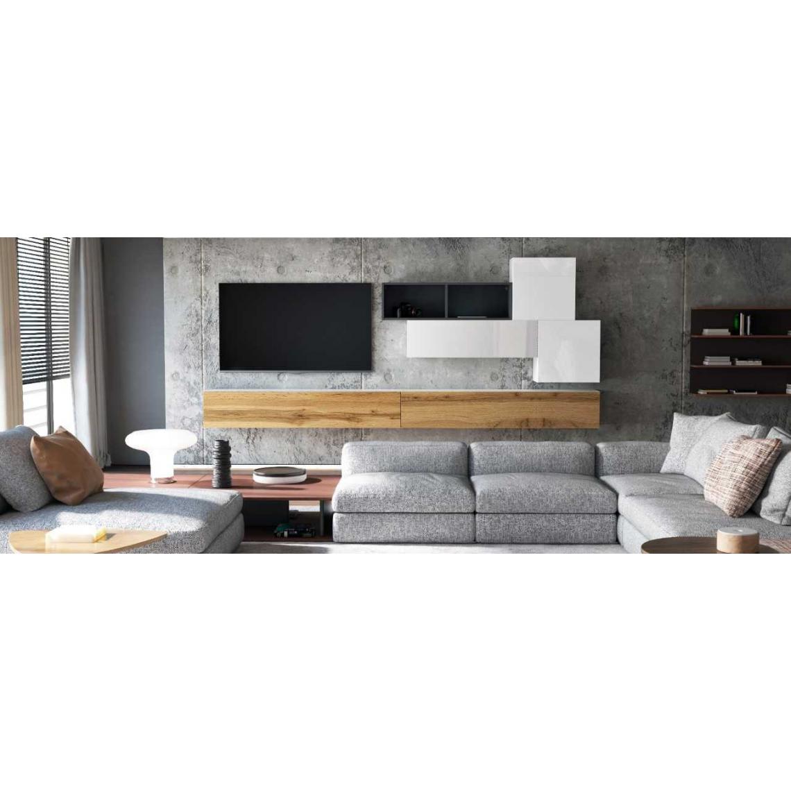Mpc - Ensemble de 6 meubles suspendus noir et blanc mat / aspect chêne wotan + blanc laqué - Meubles TV, Hi-Fi