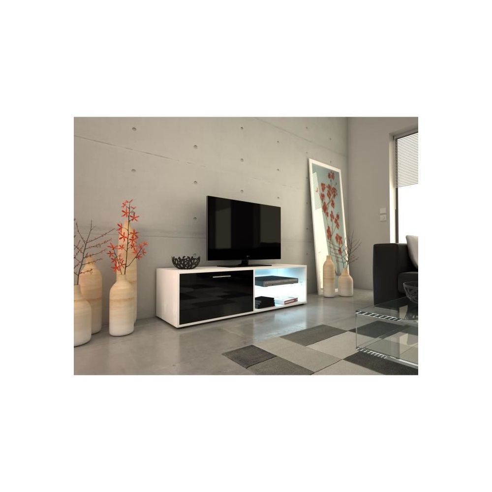 marque generique - MEUBLE TV - MEUBLE HI-FI KORA Meuble TV LED contemporain blanc et noir brillant - L 118 cm - Meubles TV, Hi-Fi