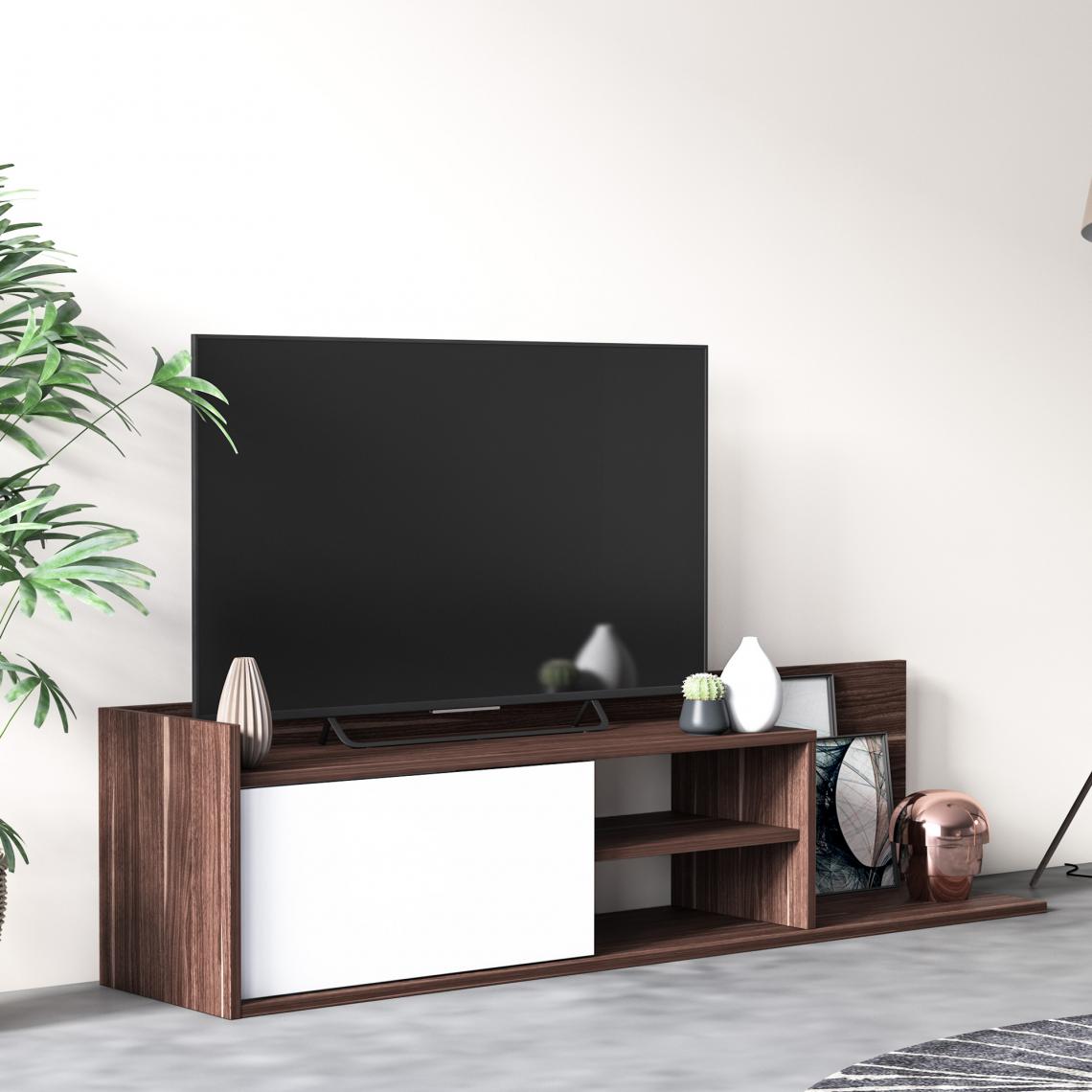 Alter - Meuble TV de salon avec une porte et deux étagères, 160 x 37 x 40 cm, coloris noyer et blanc - Meubles TV, Hi-Fi