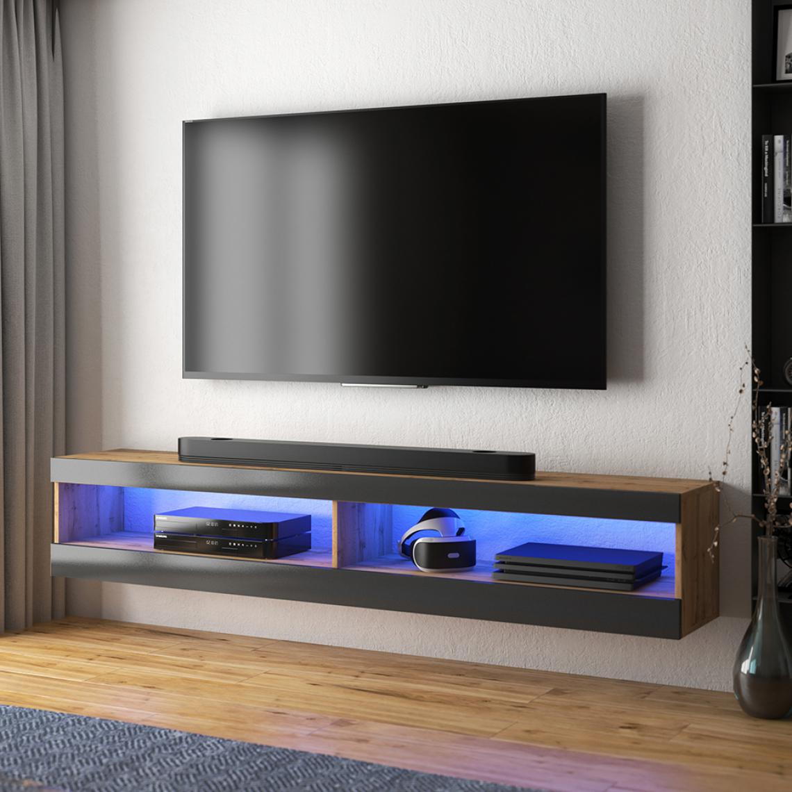 Selsey - Meuble tv - VIANSOLA - 140 cm - chêne lancaster / noir brillant - éclairage LED - Meubles TV, Hi-Fi