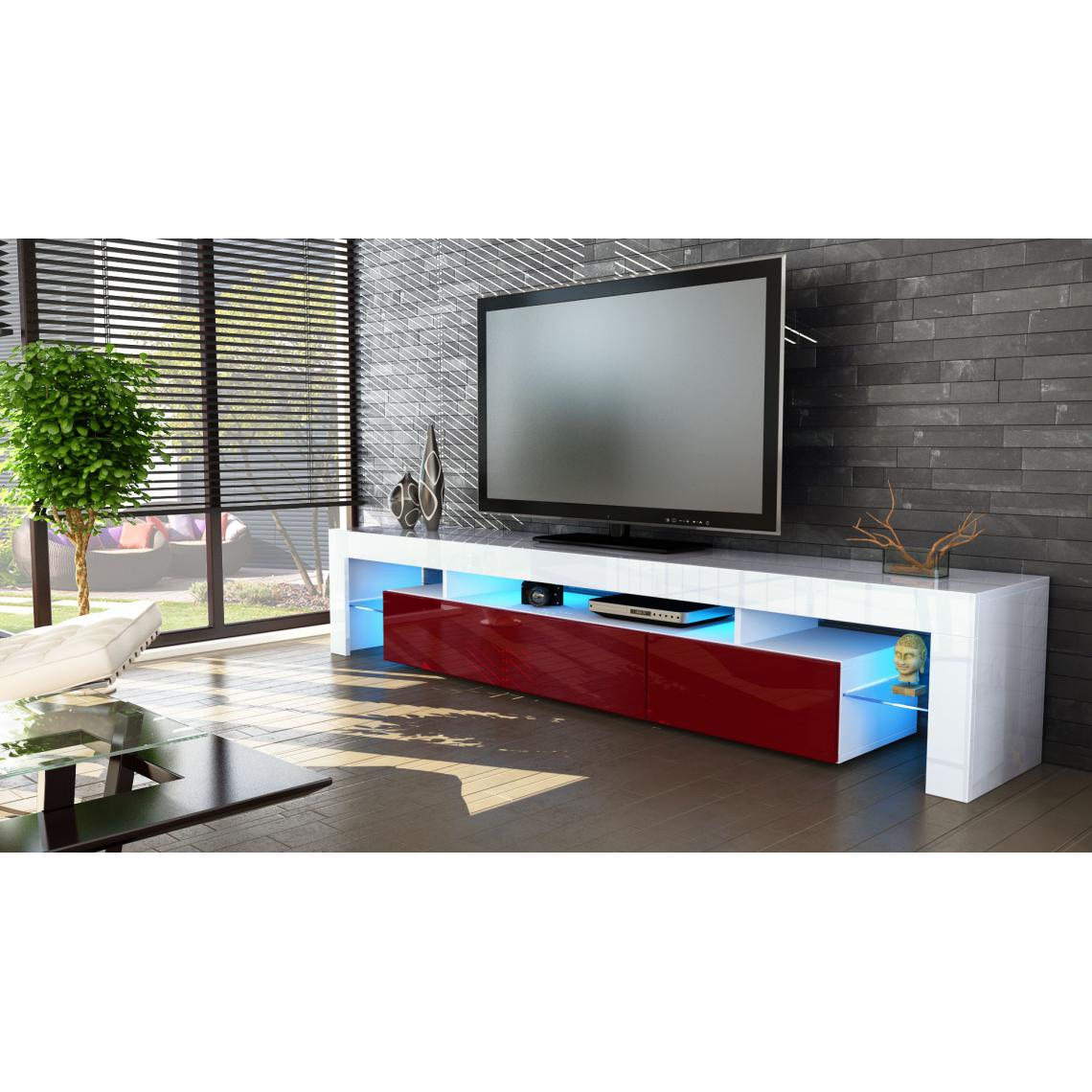 Mpc - Meuble tv blanc mat et bordeaux brillant 189 cm + led - Meubles TV, Hi-Fi