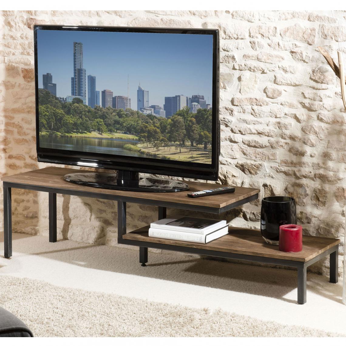 MACABANE - Meuble TV 2 tablettes en teck recyclé et métal - Brun - Meubles TV, Hi-Fi