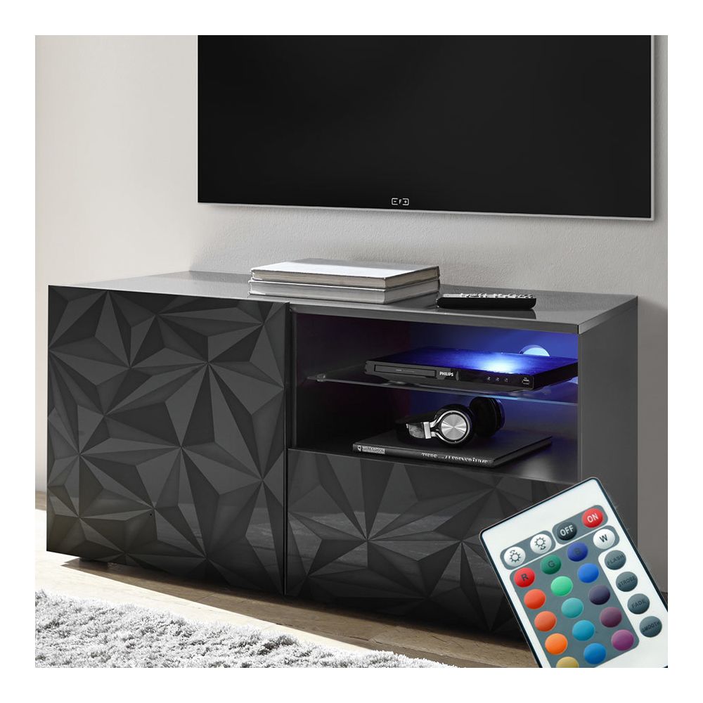 Happymobili - Meuble télé LED 120 cm gris laqué design ANTONIO 3 - Meubles TV, Hi-Fi