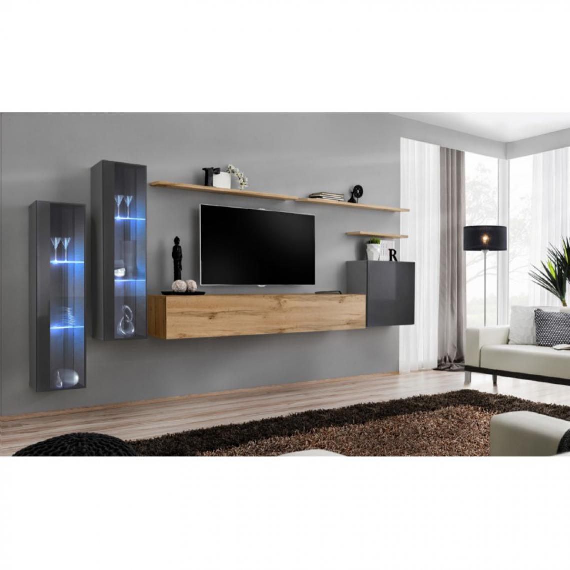 Ac-Deco - Meuble TV Mural Design Switch XI 330cm Gris & Naturel - Meubles TV, Hi-Fi
