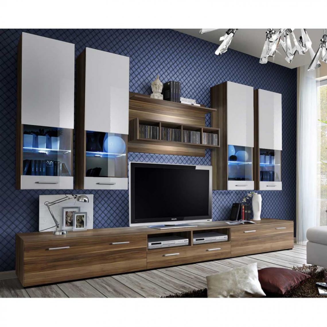 Ac-Deco - Meuble TV Mural Design Dorade 300cm Prunier & Blanc - Meubles TV, Hi-Fi