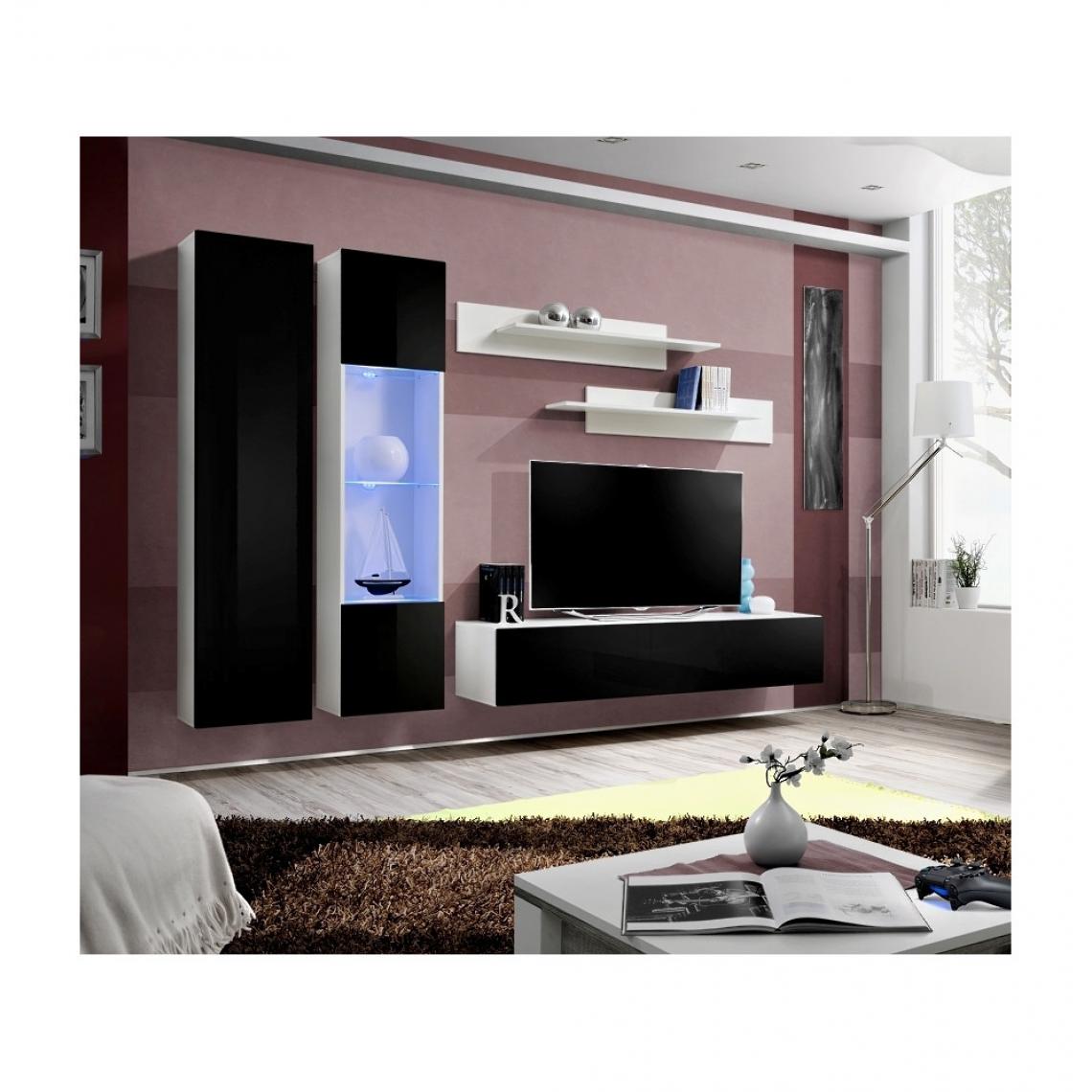Ac-Deco - Ensemble meuble TV mural - Fly IV - 260 cm x 190 cm x 40 cm - Blanc et noir - Meubles TV, Hi-Fi