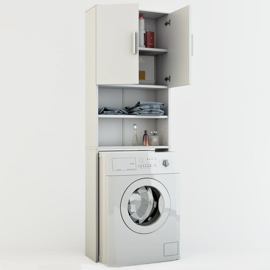 Toilinux - Meuble de buanderie pour machine à laver Jeany - L. 64 x H. 190 cm - Blanc - Etagères