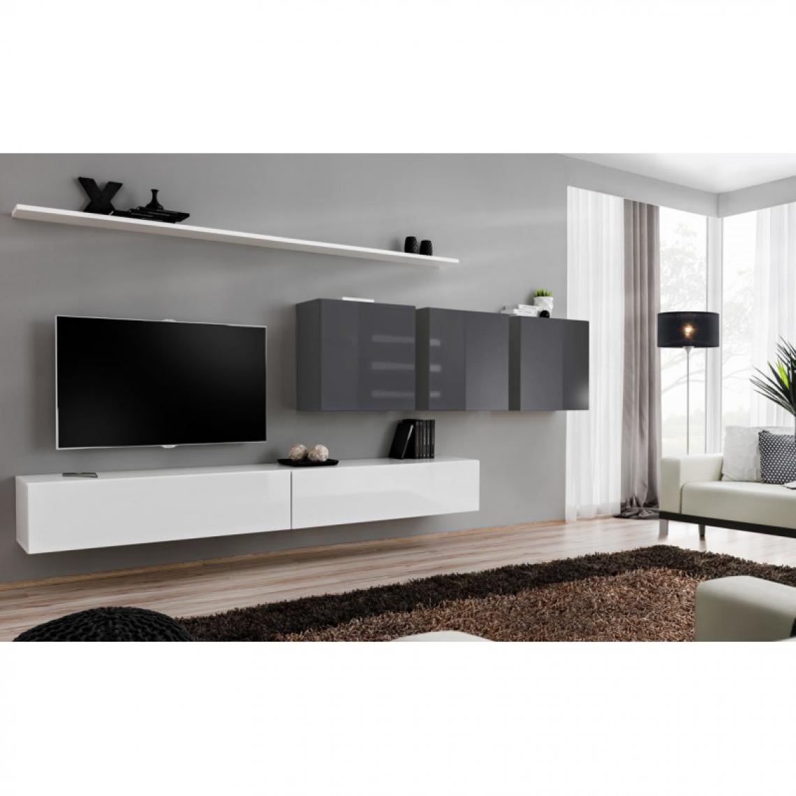 Ac-Deco - Meuble TV Mural Design Switch VII 340cm Blanc & Gris - Meubles TV, Hi-Fi