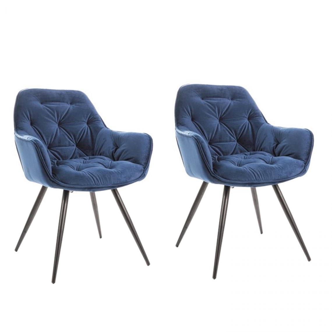 Hucoco - CHERLY - Lot de 2 chaises avec accoudoirs style glamour - 83x45x44cm - Velours + Pieds en métal - Blue - Chaises