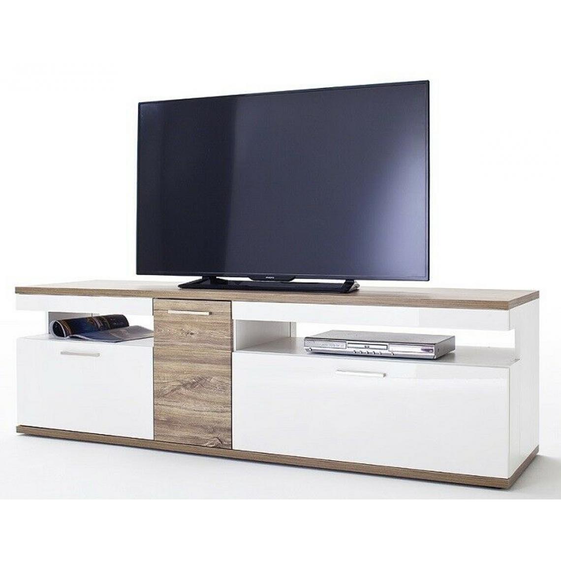 Pegane - Meuble TV coloris blanc brillant et chêne sterling - Longueur 180 x Hauteur 55 x Profondeur 50 cm - Meubles TV, Hi-Fi