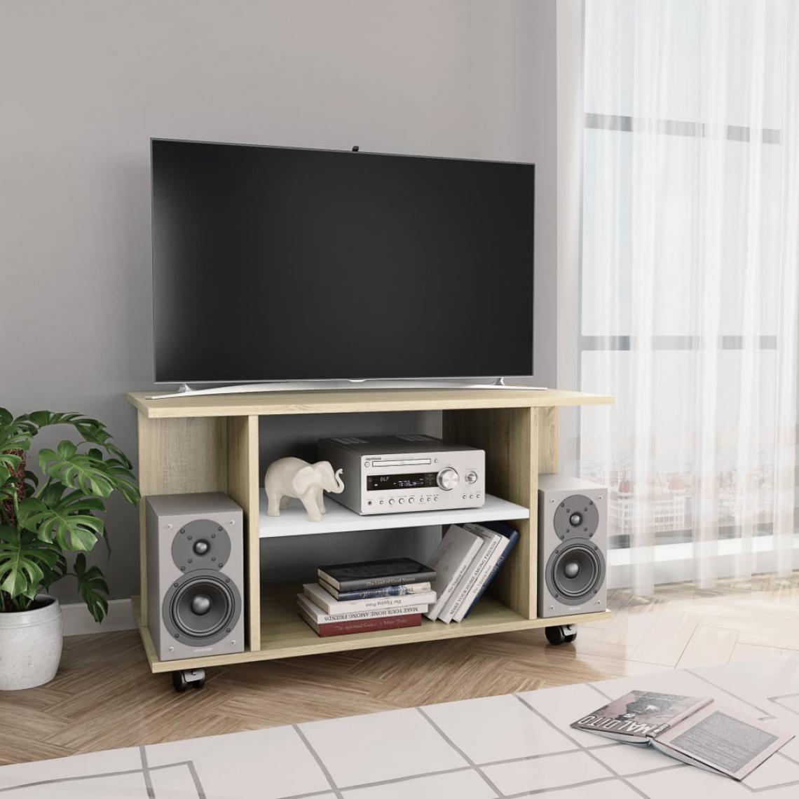 Chunhelife - Meuble TV avec roulettes Blanc et chêne sonoma 80x40x40 cm - Meubles TV, Hi-Fi