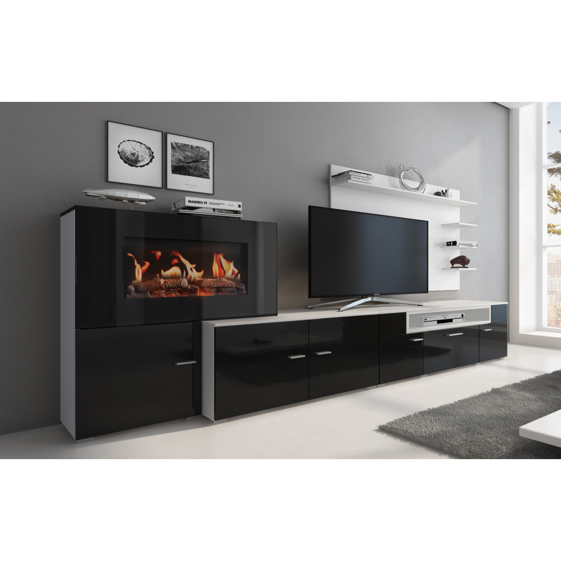 Skraut Home - Meuble+feu électrique,Blanc -Noir laqué, 290x170x45 - Meubles TV, Hi-Fi