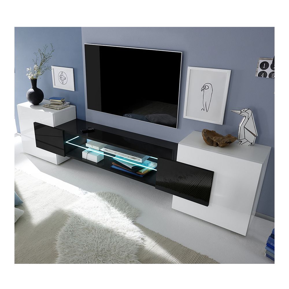 Kasalinea - Meuble TV blanc et noir laqué brillant EROS 3 avec éclairage - Meubles TV, Hi-Fi