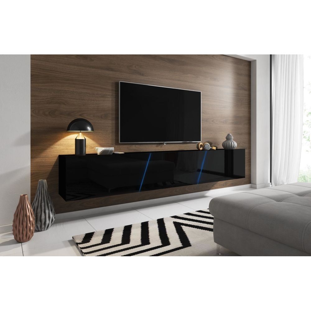 Vivaldi - VIVALDI Meuble TV - SLANT 2 - 240 cm - noir mat / noir brillant +LED - style moderne - Meubles TV, Hi-Fi