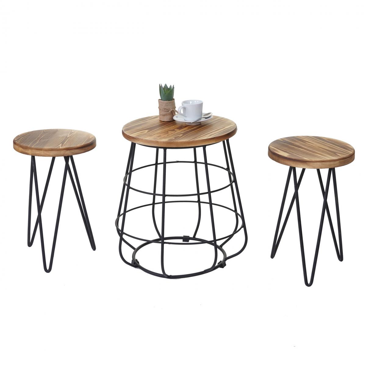 Mendler - 2x tabouret avec table HWC-A80, ensemble, desgin industriel, bois naturel - Tabourets