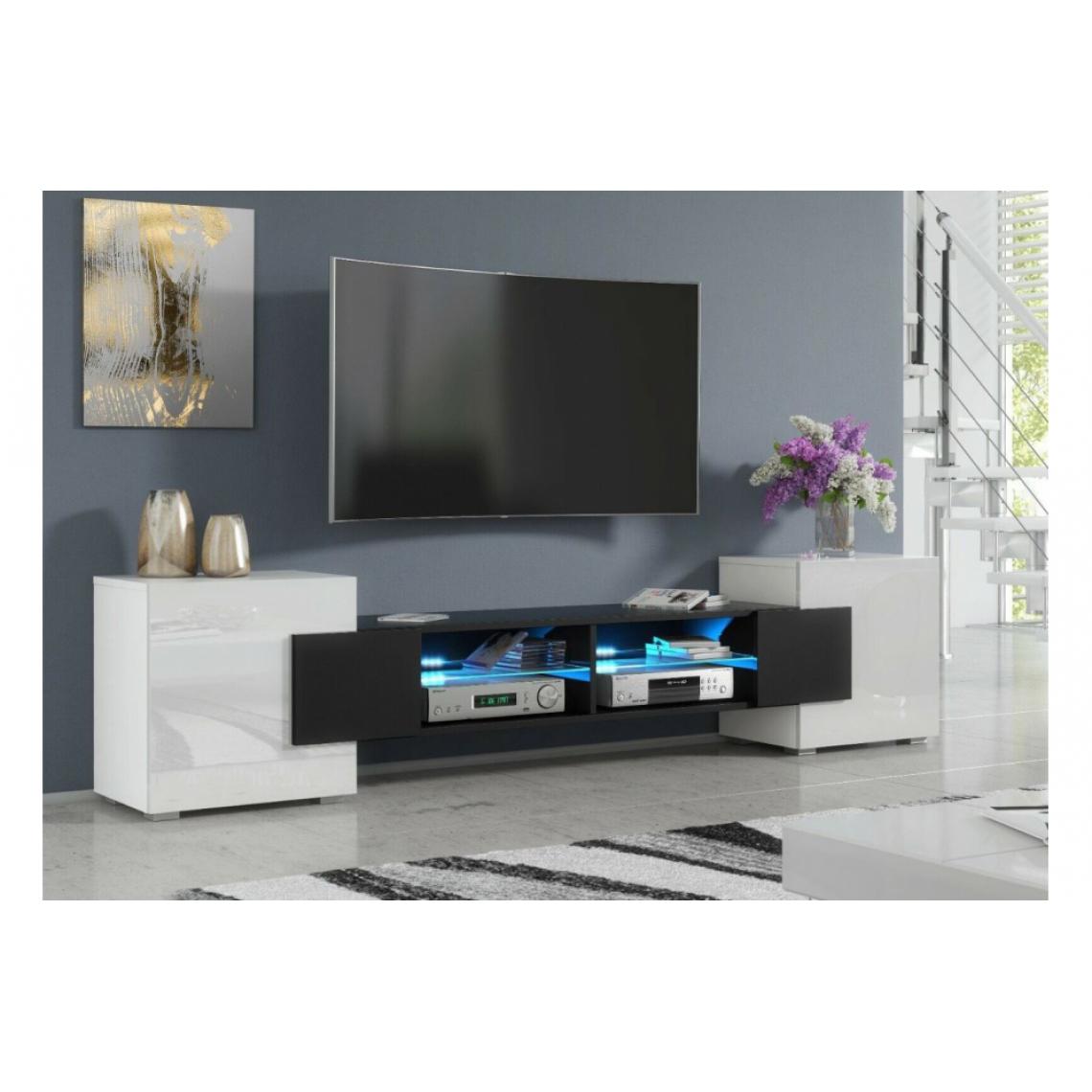 Dusine - MEUBLE TV PABLO 230 cm avec LED Noir Mat et Blanc Laqué - Meubles TV, Hi-Fi