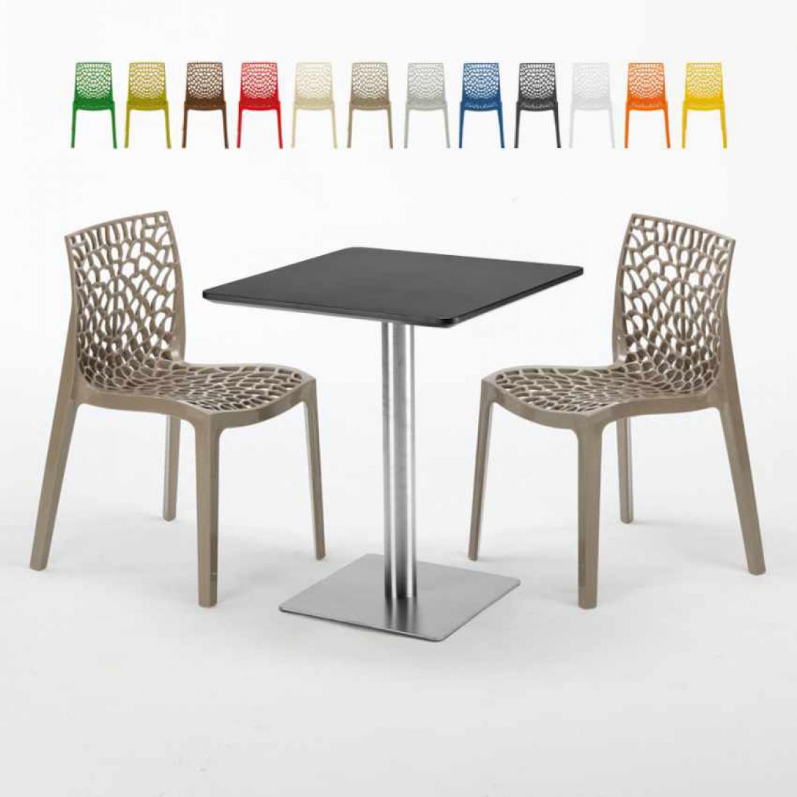 Grand Soleil - Table carrée 60x60 pied acier et plateau noir avec 2 chaises colorées Gruvyer Pistachio, Couleur: Beige Juta - Tables à manger